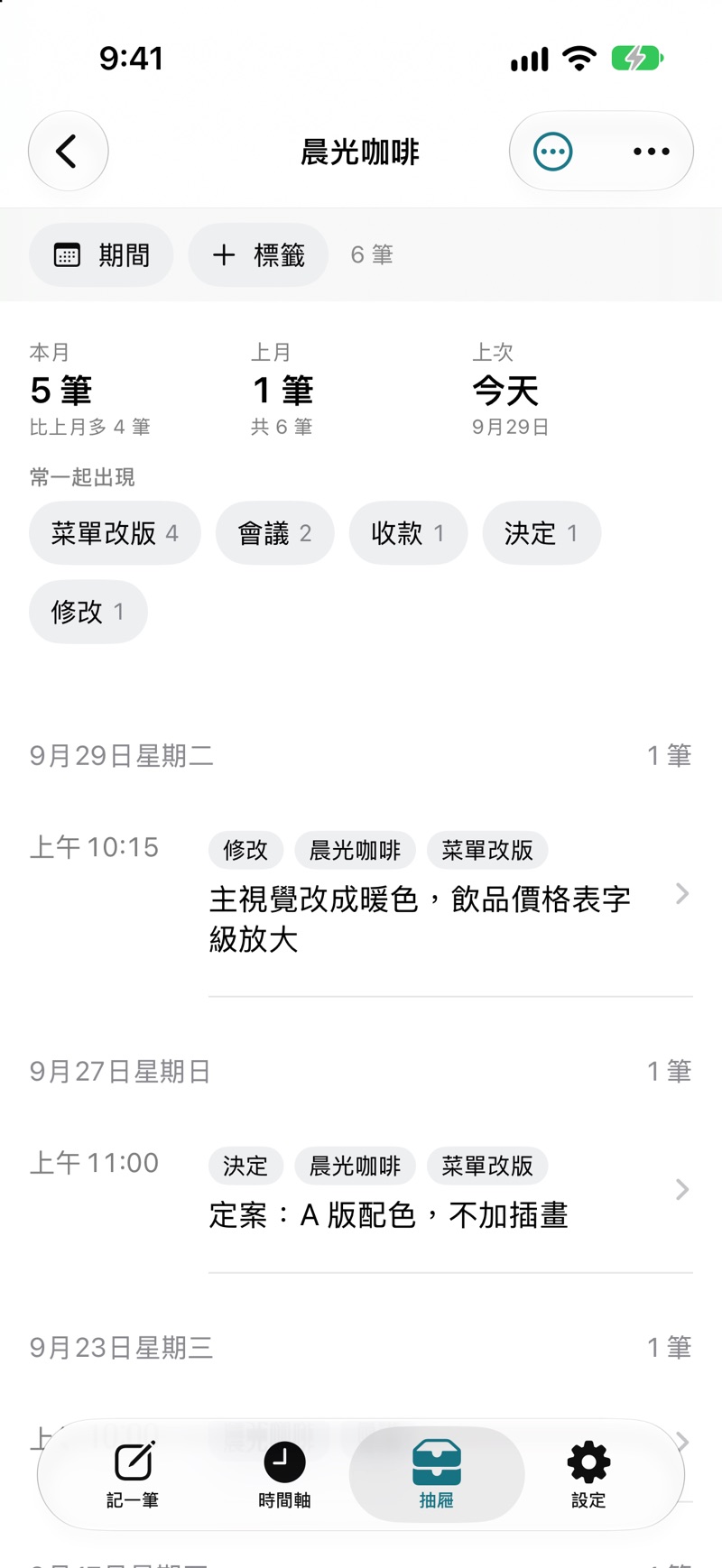 「晨光咖啡」抽屜畫面:顯示本月 5 筆、上月 1 筆、常一起出現的標籤,以及這位客戶的所有紀錄。