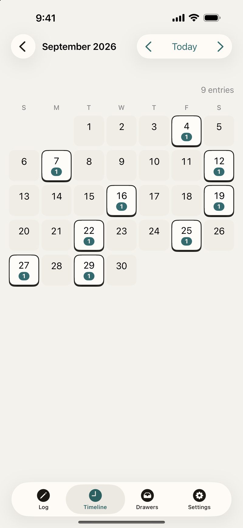 Calendar screen for September 2026: days with entries show how many, 9 entries this month.