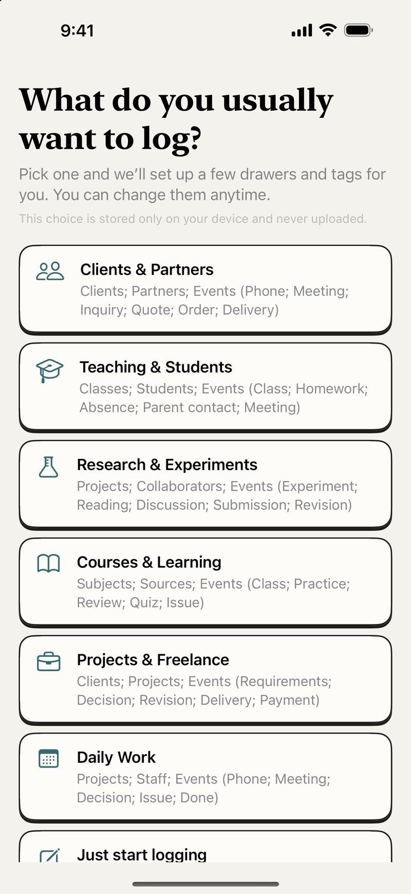 Starter drawers and tags screen: six situations, such as clients and partners, teaching and students, or projects and freelance work, each listing the drawers and tags it will create.