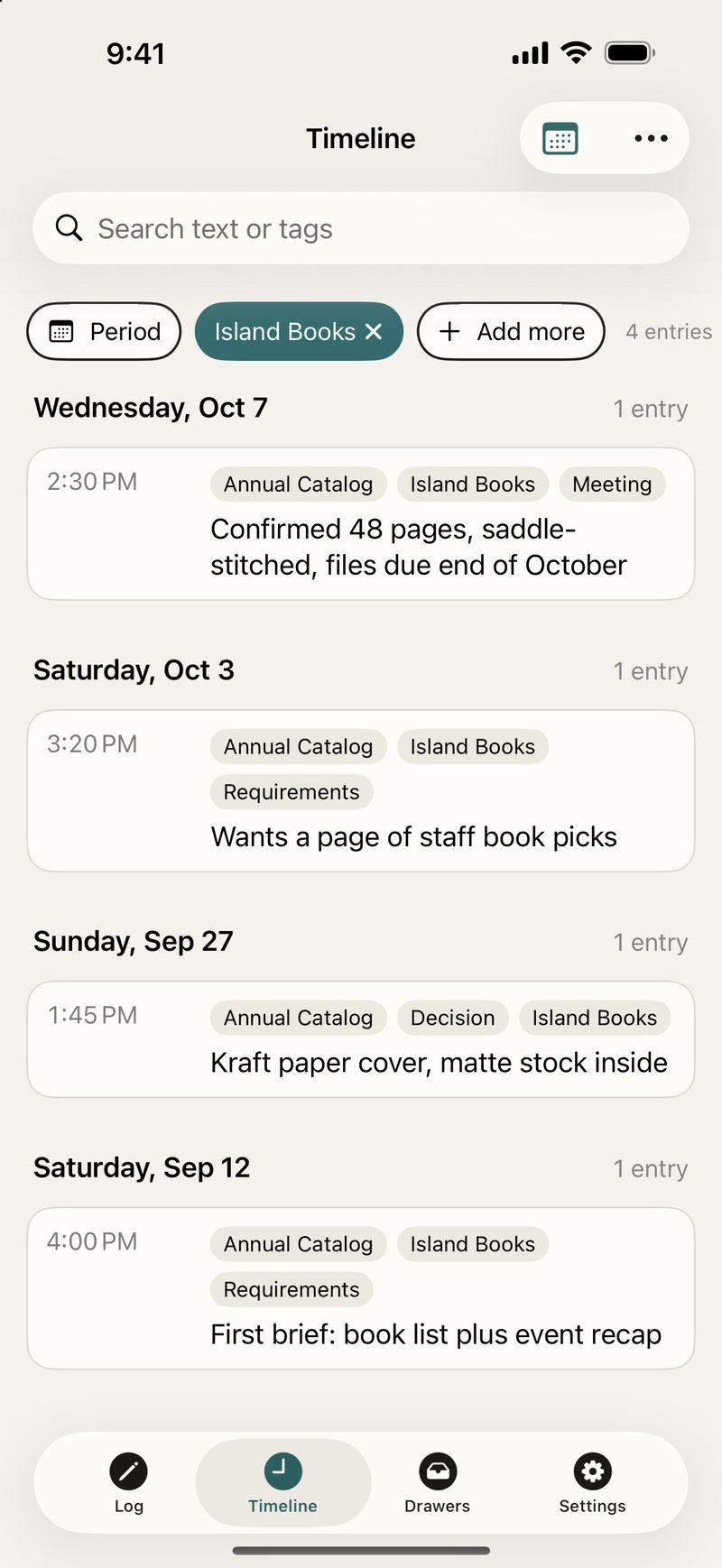 Timeline screen: the four entries for the client “Island Books,” sorted by date, each with a time, tags, and a short note. Search and tag filters sit at the top.